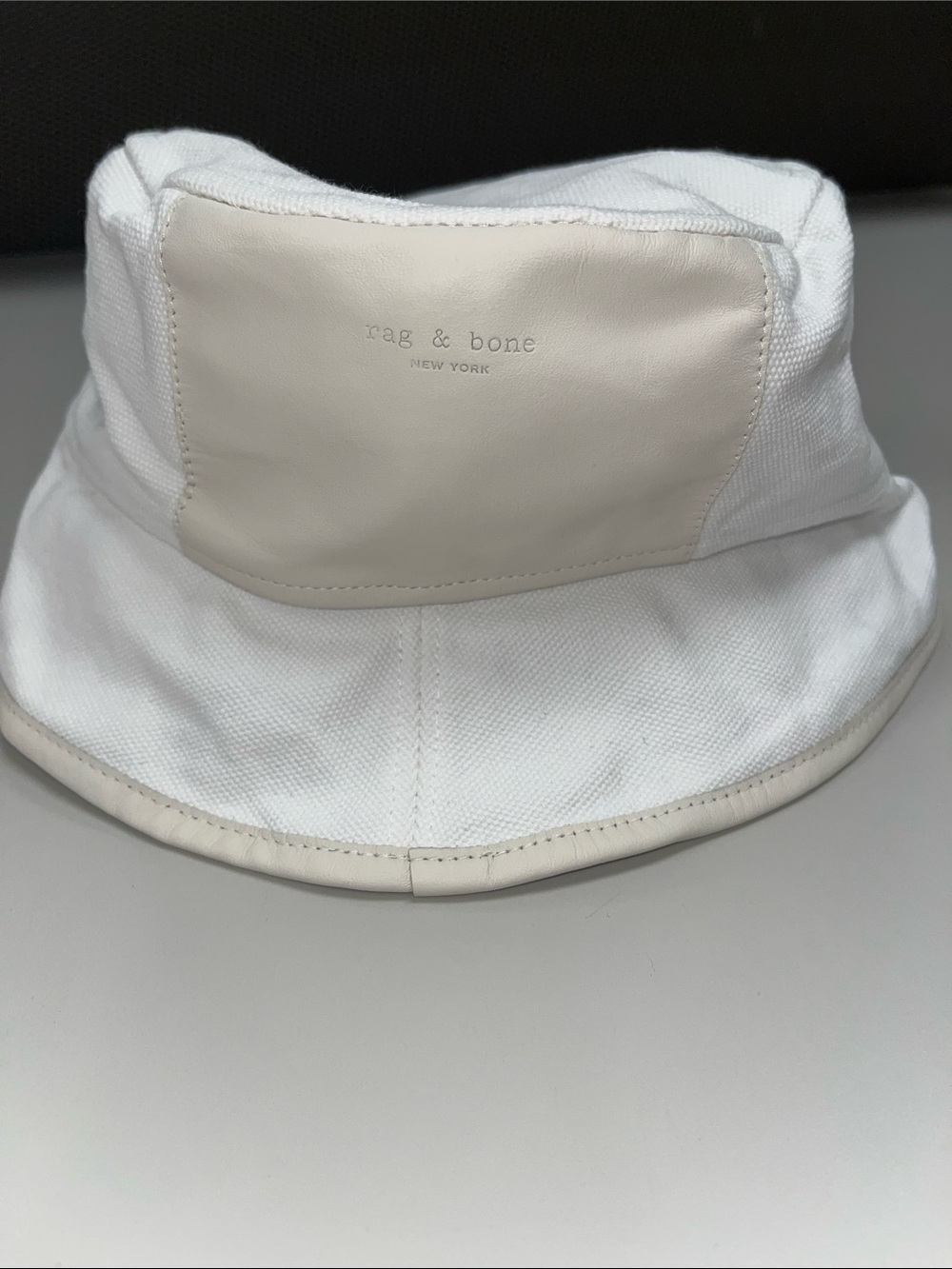 rag & bone White Canvas Bucket Hat with Cream Leather Trim